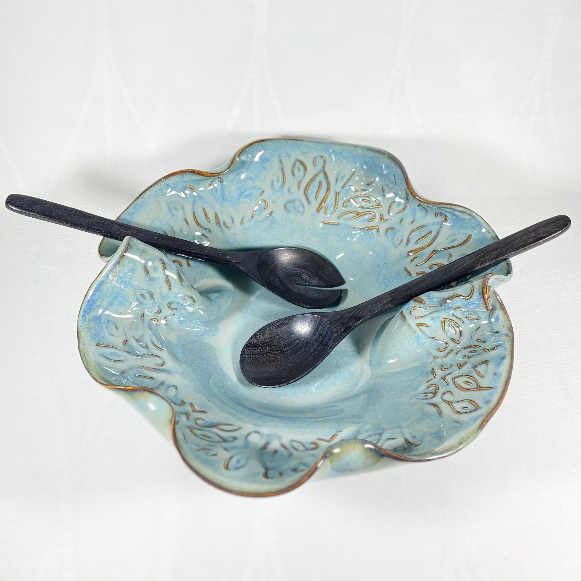 Handmade Light Blue Bowl with Serving Spoons, Functional and Decorative Pottery