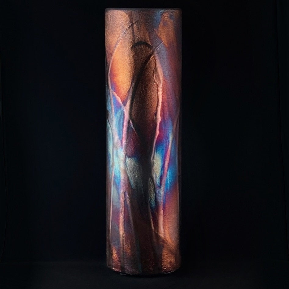 Handmade Large Cylinder Vase, Raku Art Pottery, Decorative Pottery