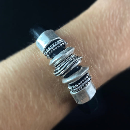 Handmade Magnetic Black Leather Bracelet With Silver Beads Hypoallergenic - Origin