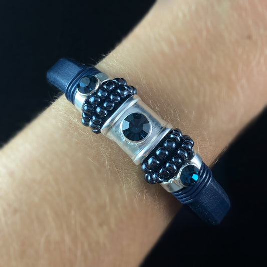 Handmade Magnetic Navy Leather Bracelet With Silver and Navy Beads and Crystal Accents- Origin