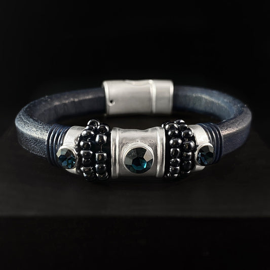 Handmade Magnetic Navy Leather Bracelet With Silver and Navy Beads and Crystal Accents- Origin