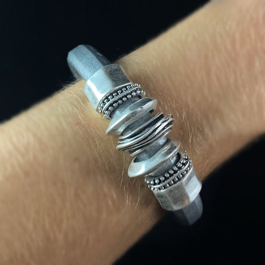 Handmade Magnetic Silver Leather Bracelet With Silver Beads - Origin
