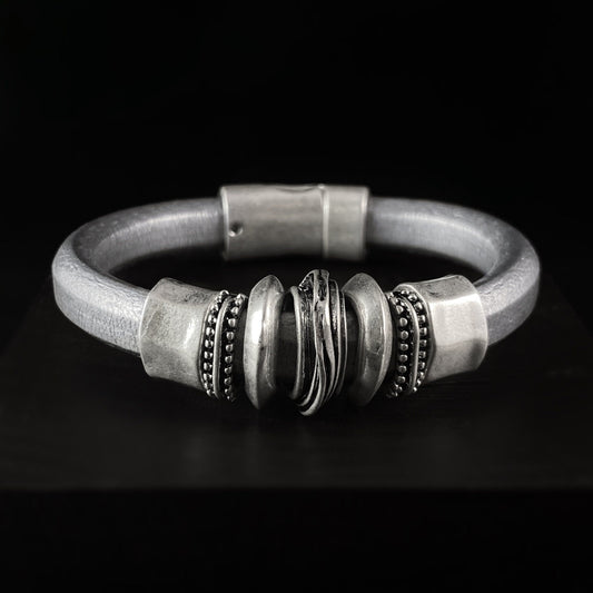 Handmade Magnetic Silver Leather Bracelet With Silver Beads - Origin