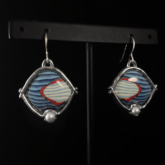 Handmade Millefiori Porcelain Blue Whale Framed Drop Earrings, Handmade - Blue Studio