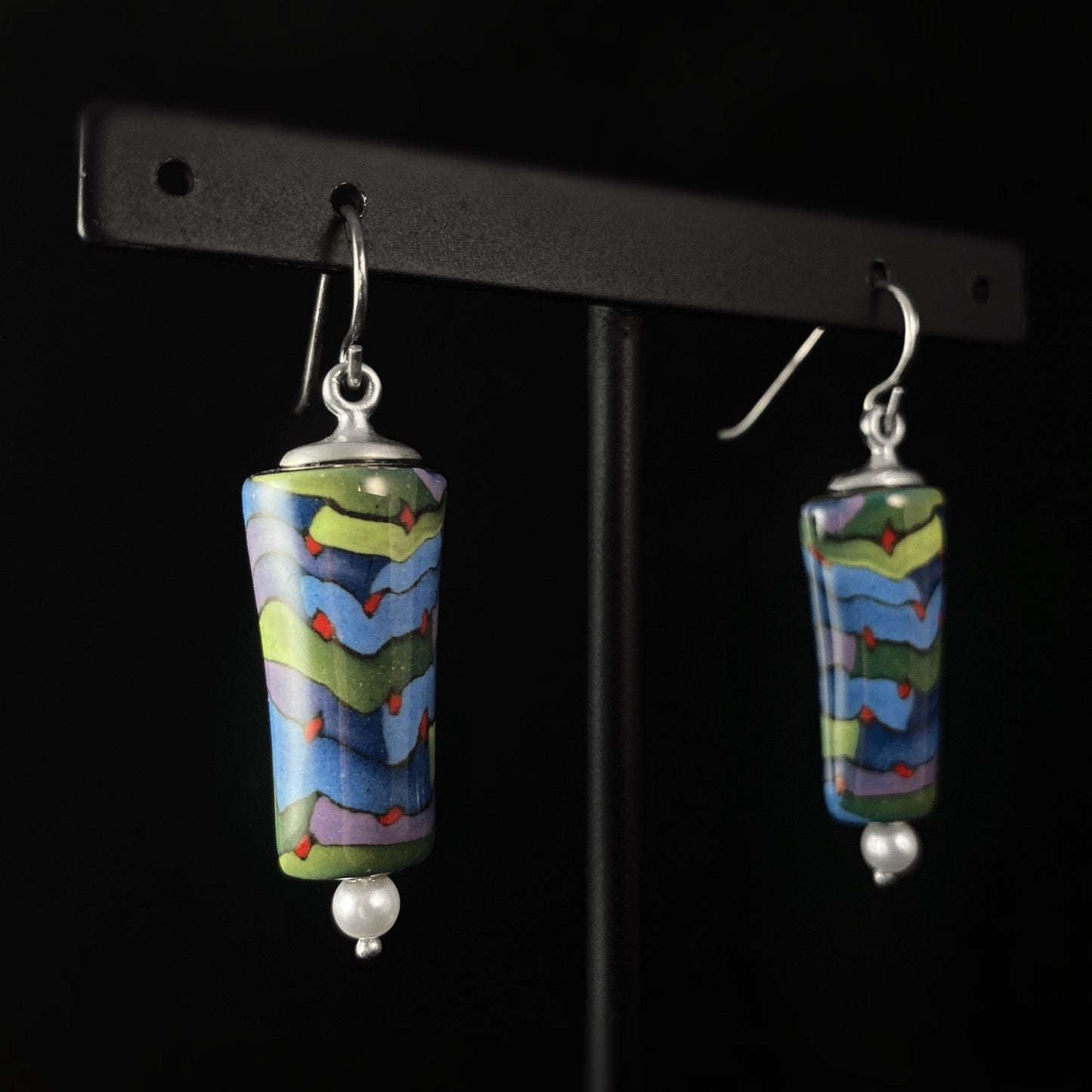 Handmade Millefiori Porcelain Dotted Fields Column Drop Earrings, Handmade - Blue Studio