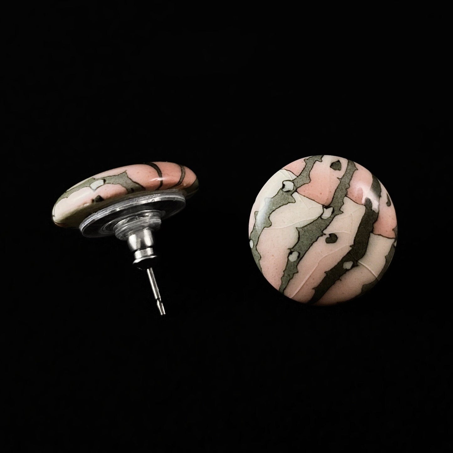 Handmade Millefiori Porcelain Pink Tiger Button Earrings, Handmade - Blue Studio