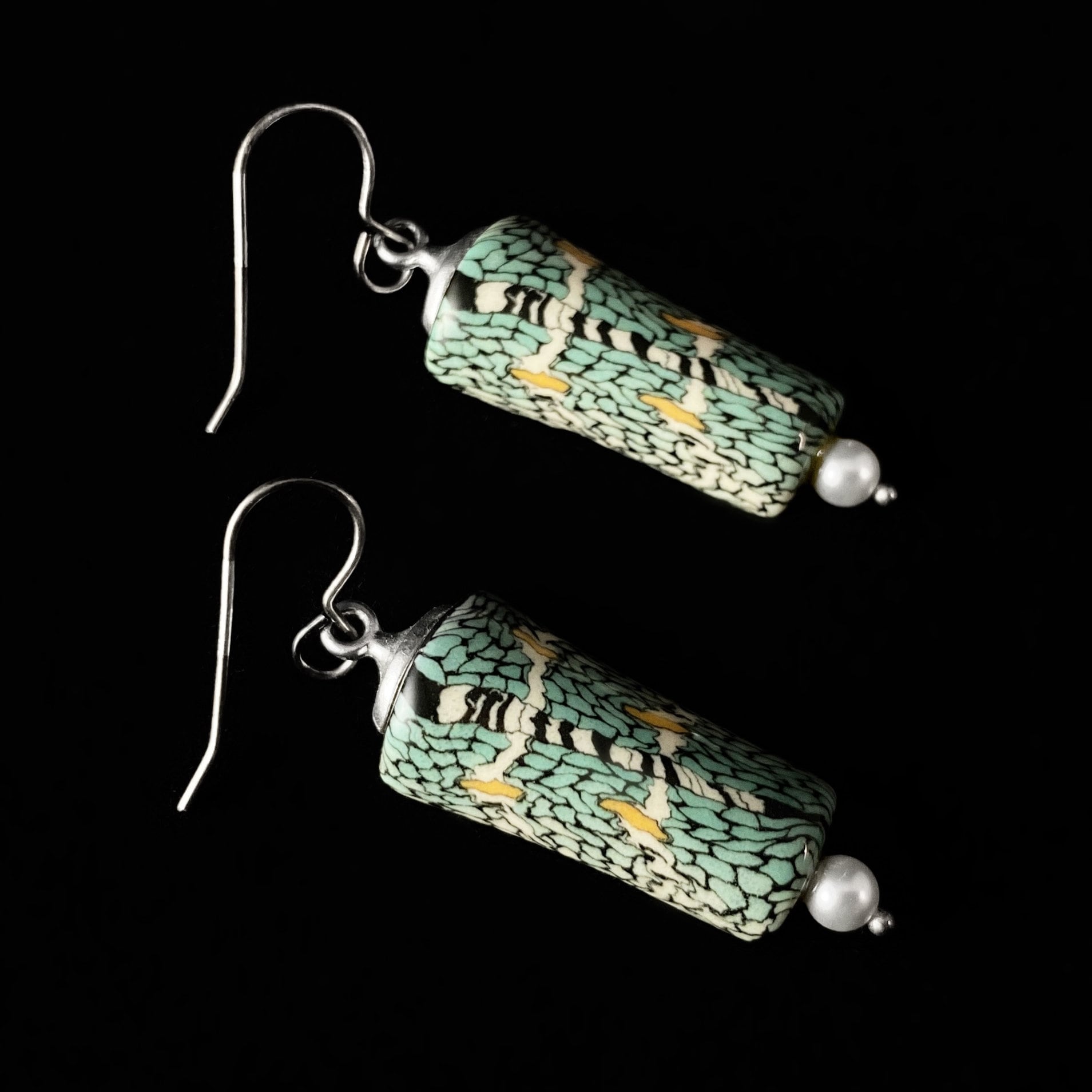 Handmade Millefiori Porcelain Sections Column Drop Earrings, Handmade - Blue Studio