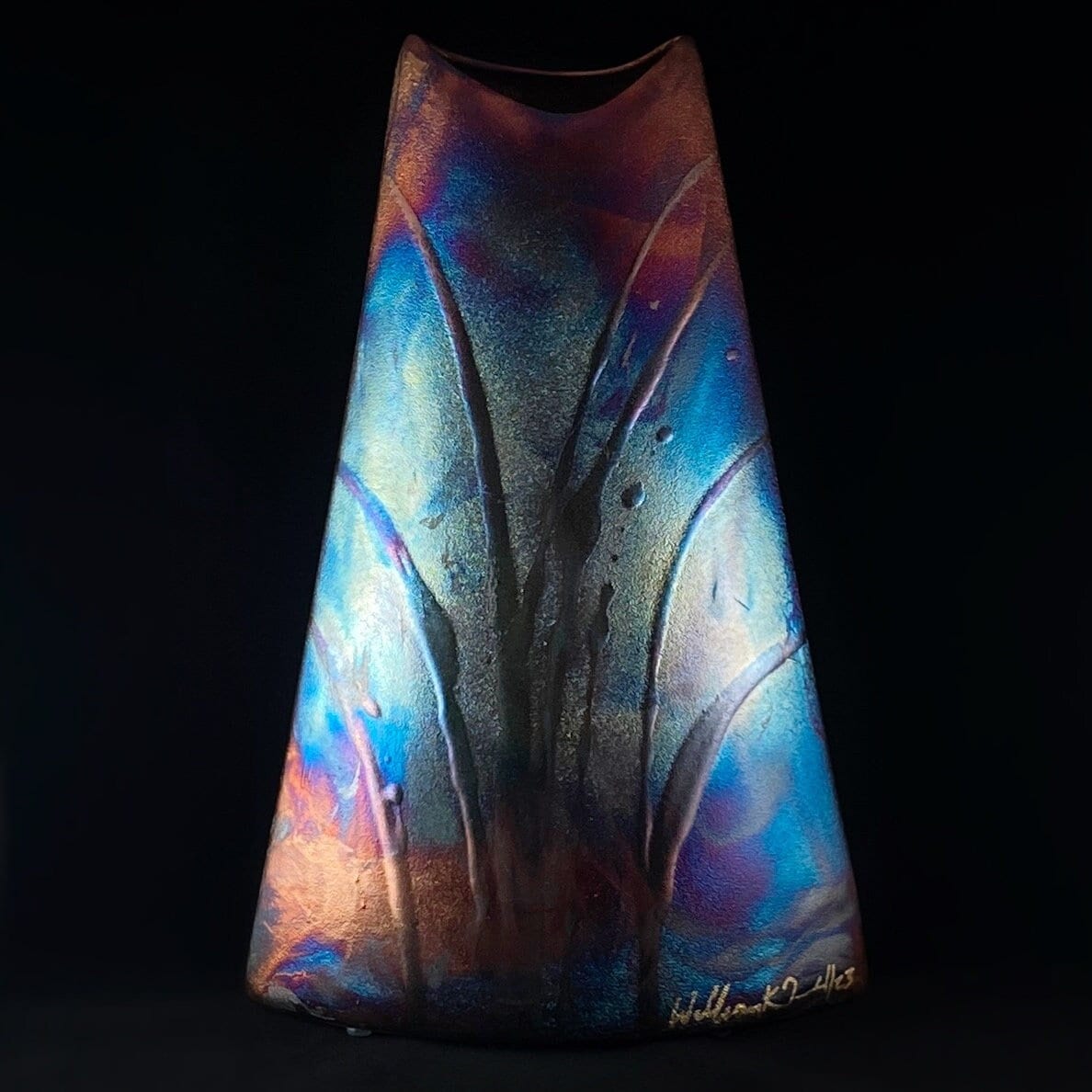 Handmade Mod Triangle Vase, Raku Art Pottery, Decorative Pottery