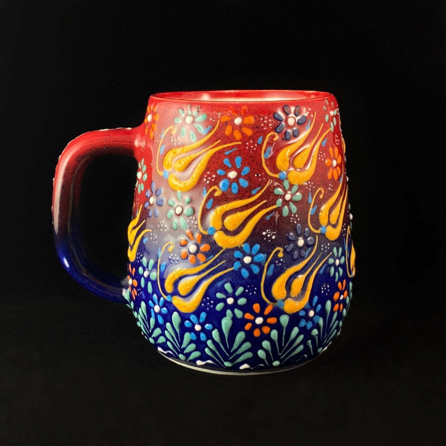 Handmade Mug, Functional and Decorative Turkish Pottery, Cottagecore Style, Red/Blue