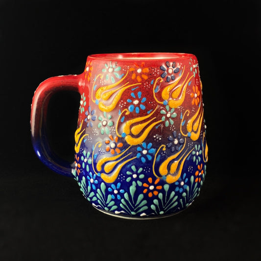 Handmade Mug, Functional and Decorative Turkish Pottery, Cottagecore Style, Red/Blue
