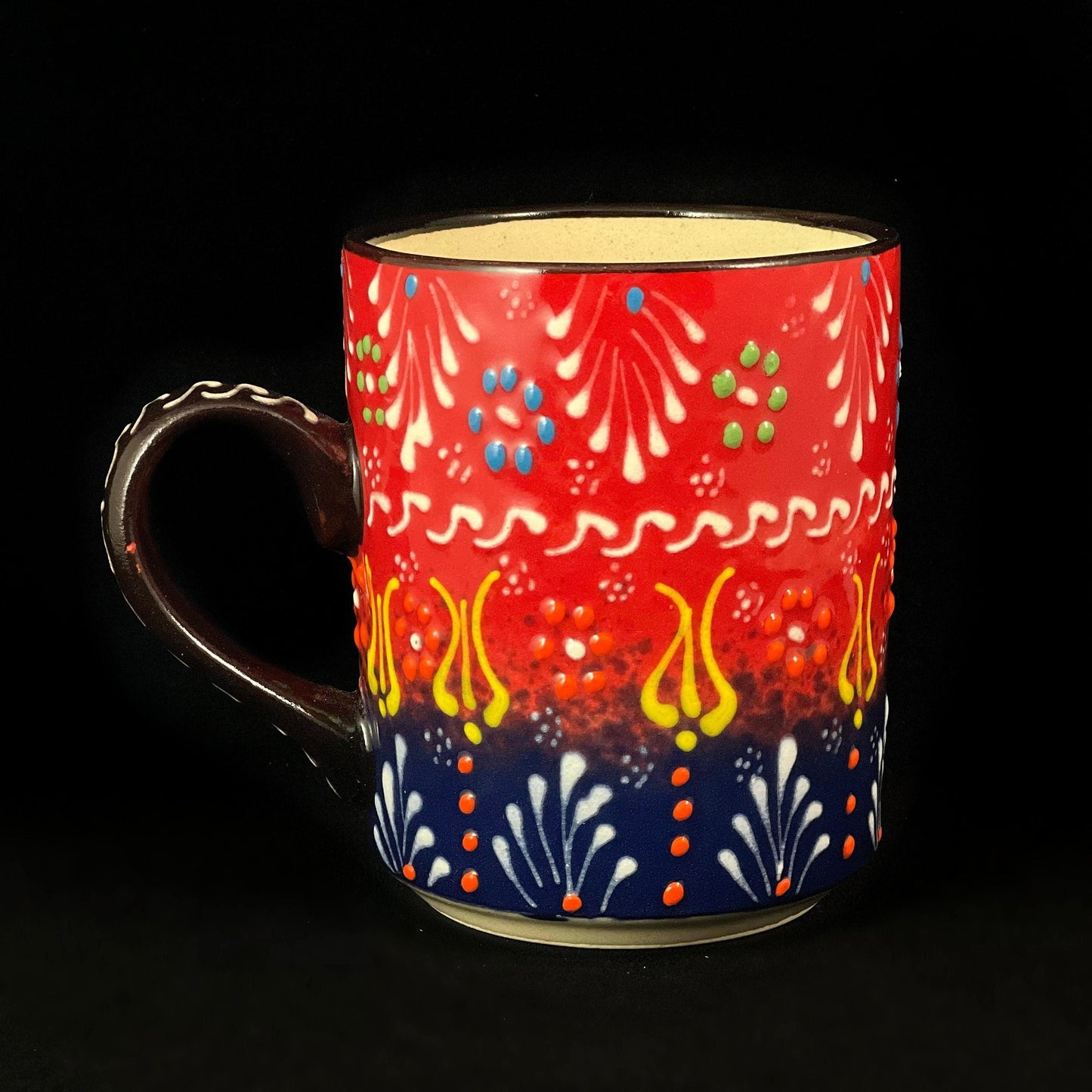 Handmade Mug, Functional and Decorative Turkish Pottery, Cottagecore Style, Red/Blue