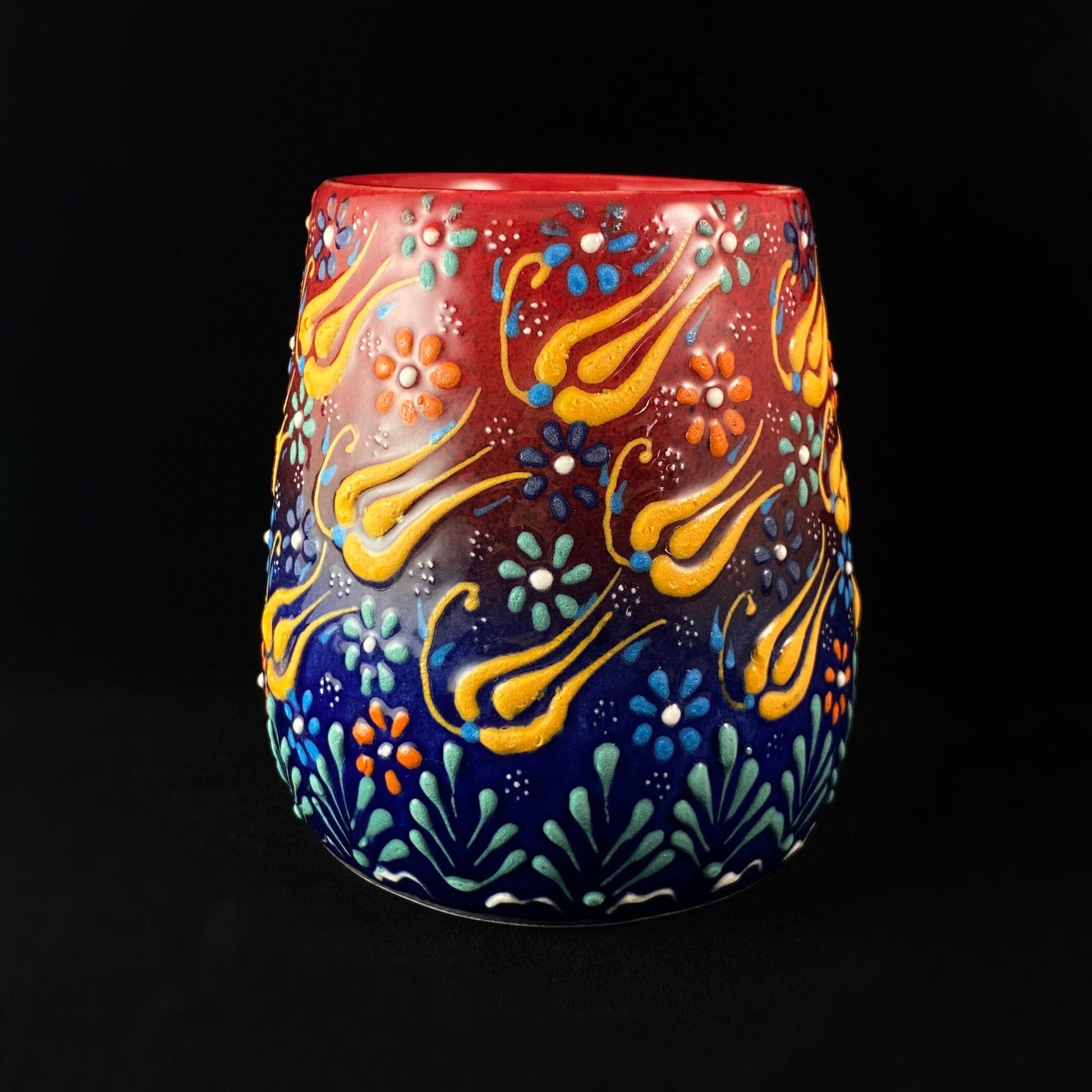 Handmade Mug, Functional and Decorative Turkish Pottery, Cottagecore Style, Red/Blue