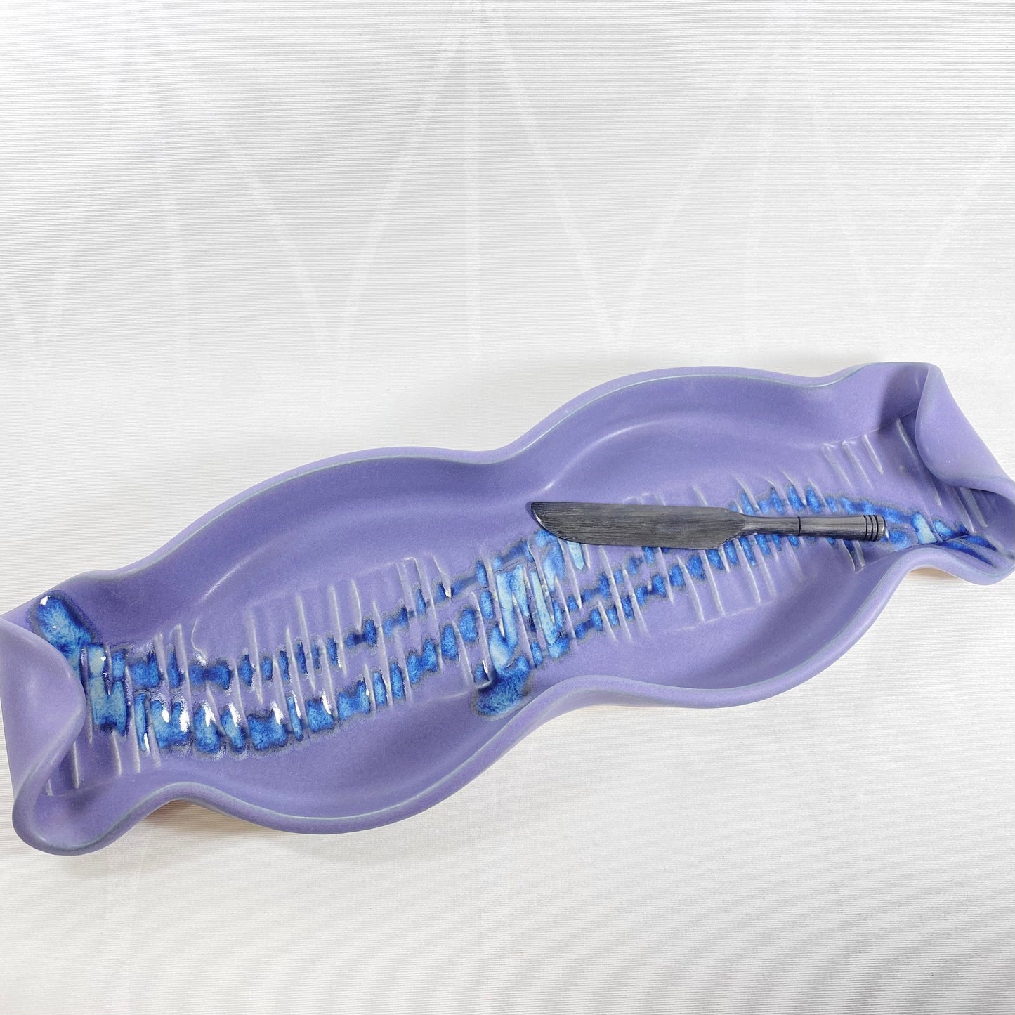 Handmade Purple and Blue Baguette Tray with Small Knife, Functional and Decorative Pottery