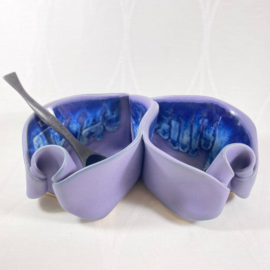 Handmade Purple and Blue Double Sided Pistachio Bowl with Serving Spoon, Functional and Decorative Pottery