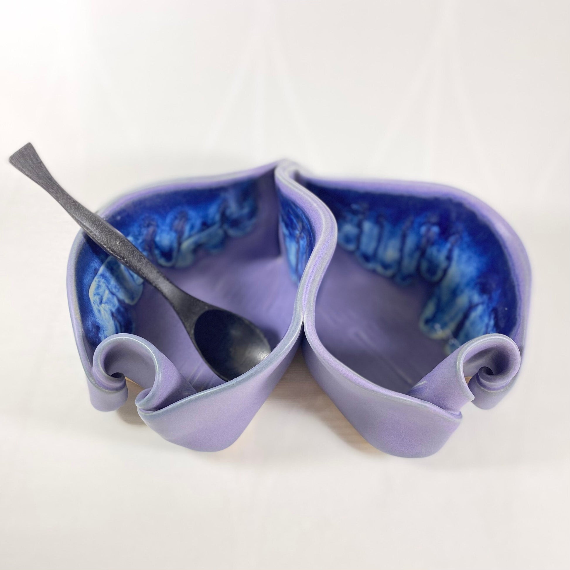 Handmade Purple and Blue Double Sided Pistachio Bowl with Serving Spoon, Functional and Decorative Pottery