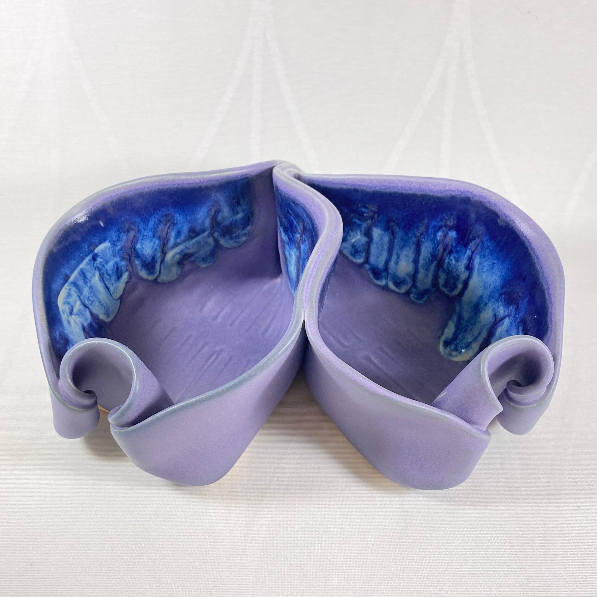 Handmade Purple and Blue Double Sided Pistachio Bowl with Serving Spoon, Functional and Decorative Pottery