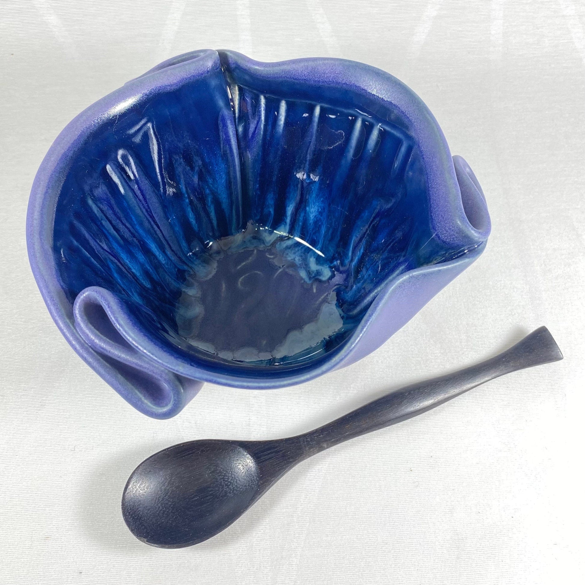 Handmade Purple and Blue Guacamole Bowl with Serving Spoon, Functional and Decorative Pottery