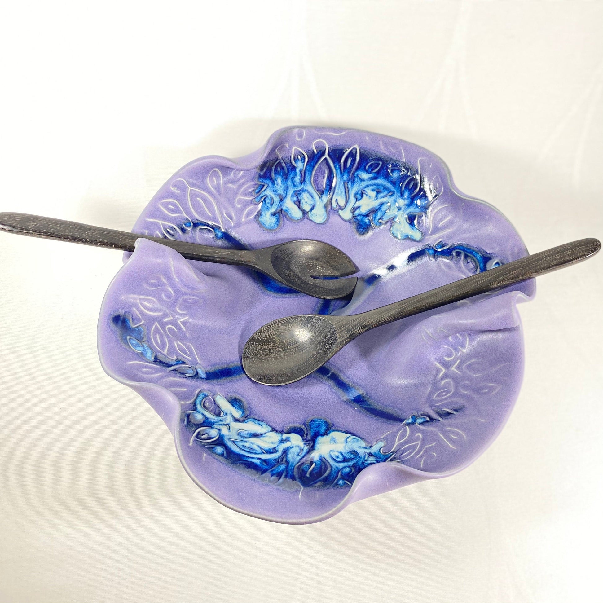 Handmade Purple and Blue In Between Bowl with Serving Spoons, Functional and Decorative Pottery