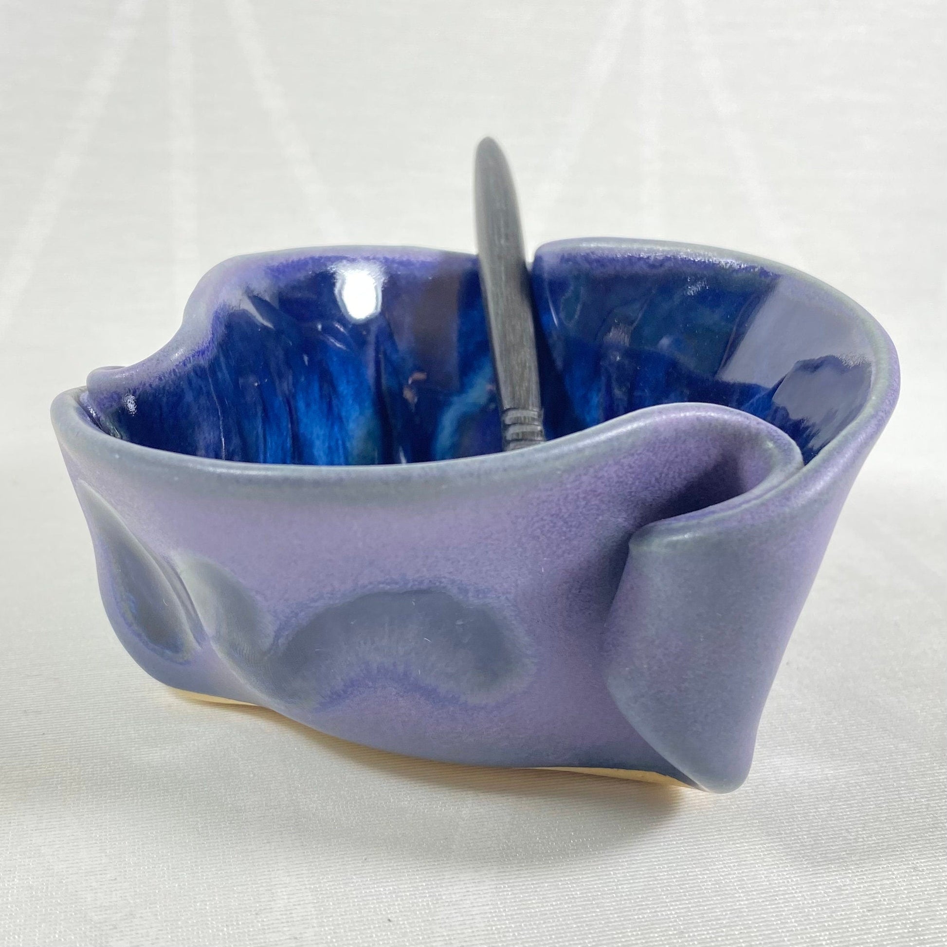 Handmade Purple and Blue Pot/Dish with Serving Spoon, Functional and Decorative Pottery