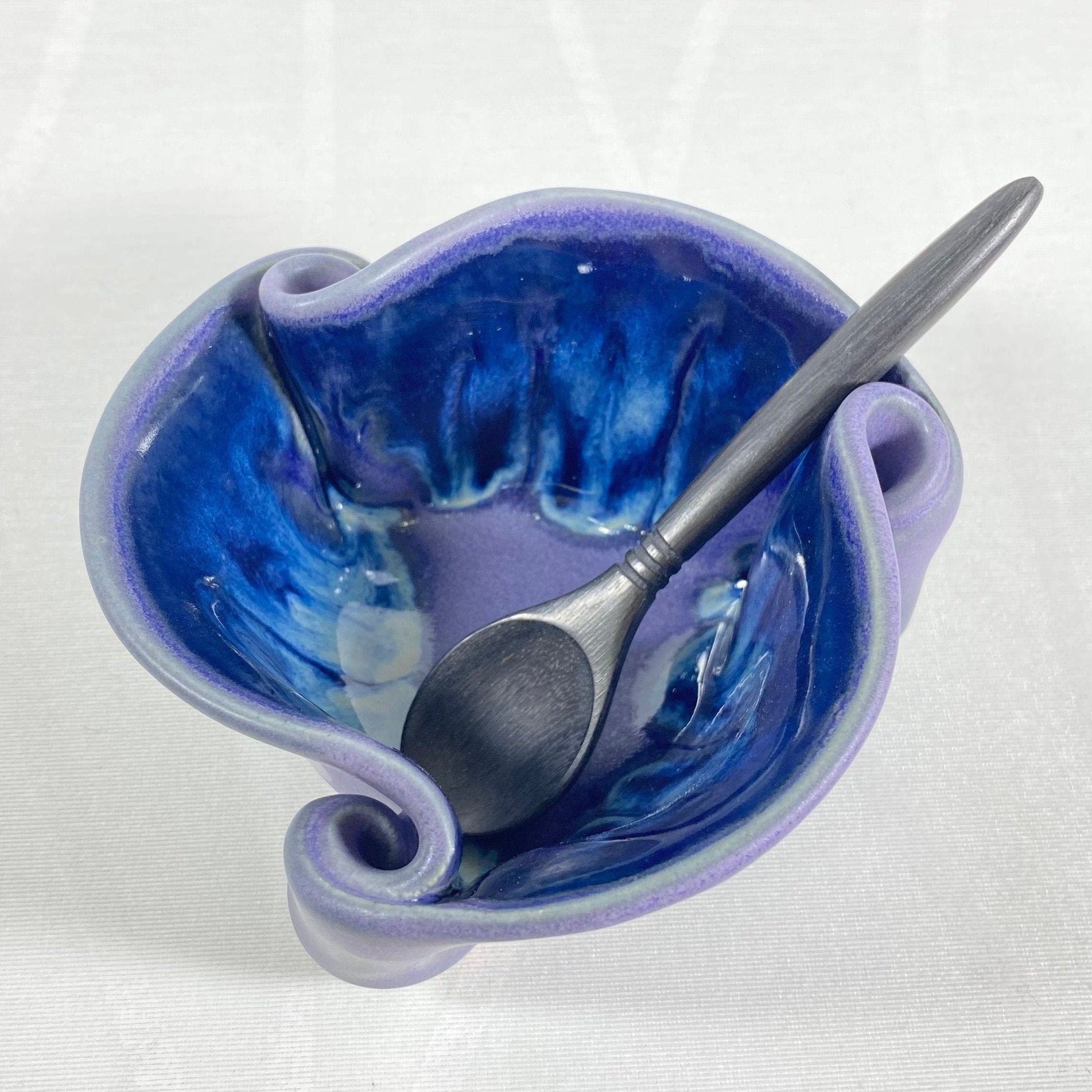 Handmade Purple and Blue Pot/Dish with Serving Spoon, Functional and Decorative Pottery