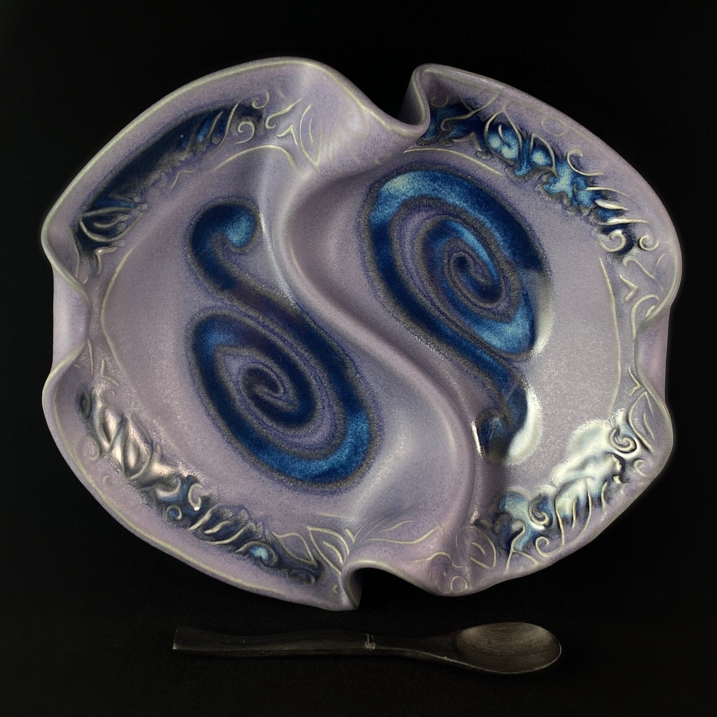 Handmade Purple and Blue Two Sided Condiment Dish with Spoon, Functional and Decorative Pottery