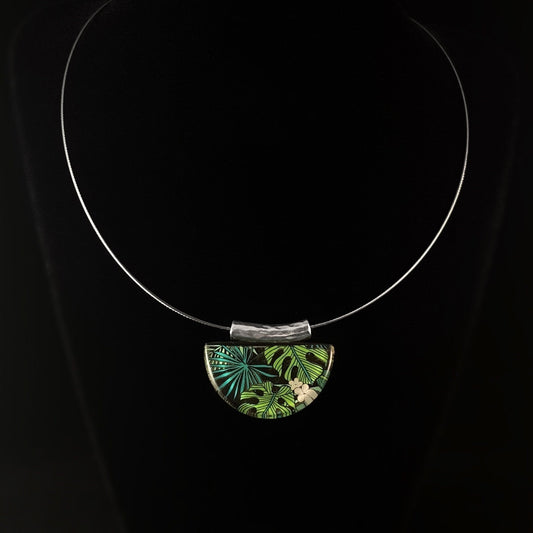 Handmade Resin and Hammered Metal Jungle Pendant Necklace, Hypoallergenic - Origin