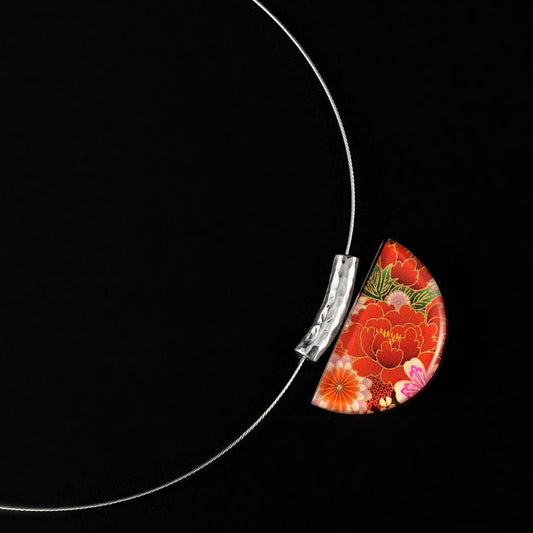 Handmade Resin and Hammered Metal Red Kimono Pendant Necklace, Hypoallergenic - Origin