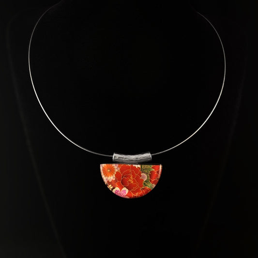 Handmade Resin and Hammered Metal Red Kimono Pendant Necklace, Hypoallergenic - Origin