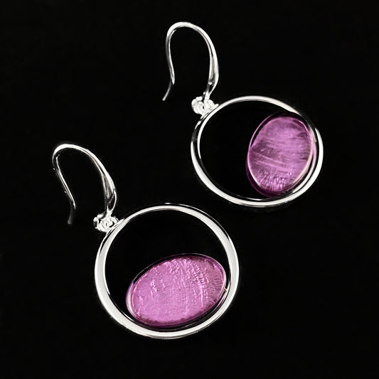 Handmade Resin and Shell Purple Oval in Circle Earrings, Hypoallergenic - Origin