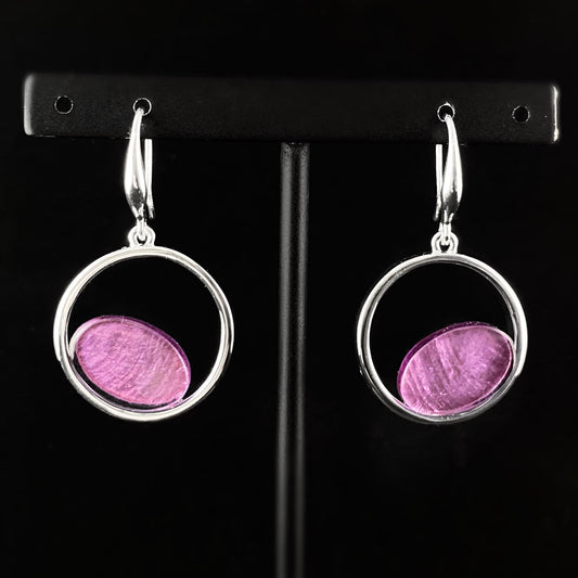 Handmade Resin and Shell Purple Oval in Circle Earrings, Hypoallergenic - Origin