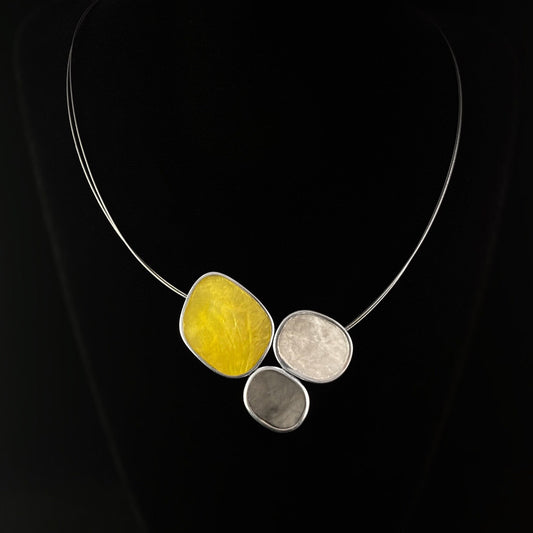 Handmade Resin and Shell Three Tone Cornflower Yellow/White/Gray Cluster Pendant Necklace, Hypoallergenic - Origin