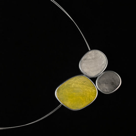 Handmade Resin and Shell Three Tone Cornflower Yellow/White/Gray Cluster Pendant Necklace, Hypoallergenic - Origin
