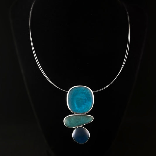 Handmade Resin and Shell Three Tone Sea Blue Stacked Pendant Necklace, Hypoallergenic - Origin