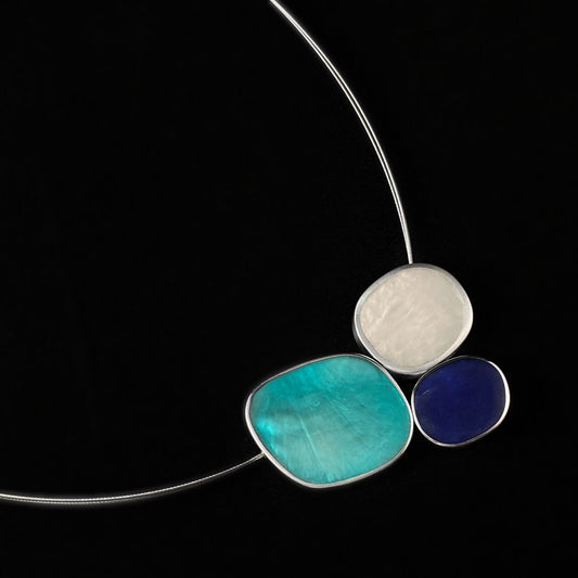 Handmade Resin and Shell Three Tone Turquoise/White/Blue Pendant Necklace, Hypoallergenic - Origin