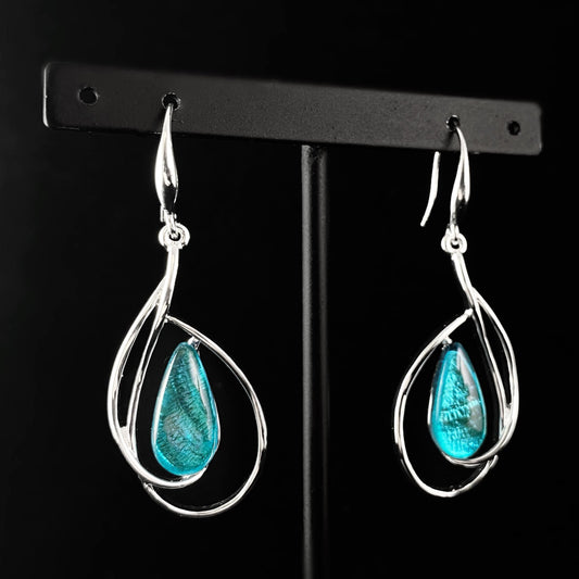 Handmade Resin and Shell Turquoise Teardrop Loop Earrings, Hypoallergenic - Origin