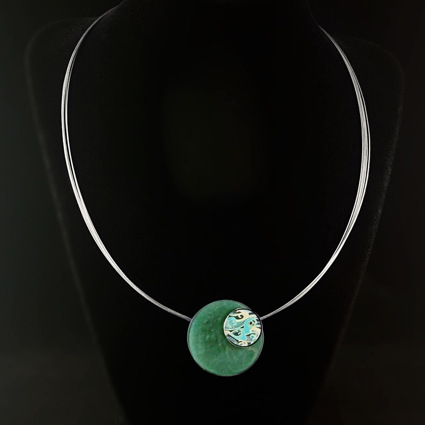 Handmade Resin and Shell Two Tone Green Wave Magnetic Front Necklace, Hypoallergenic - Origin