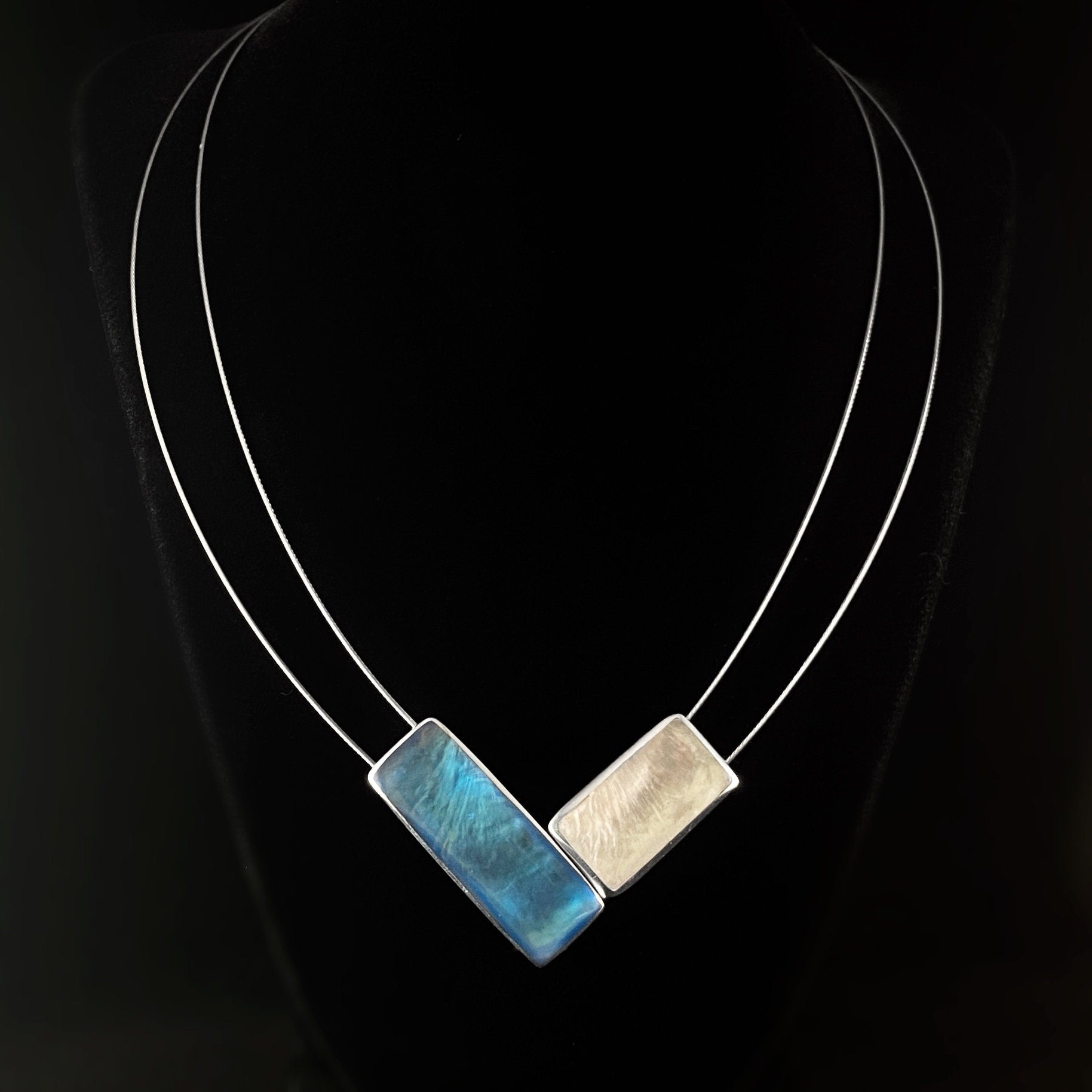 Handmade Resin and Shell Two Tone Ocean Wave Magnetic Front Necklace, Hypoallergenic - Origin