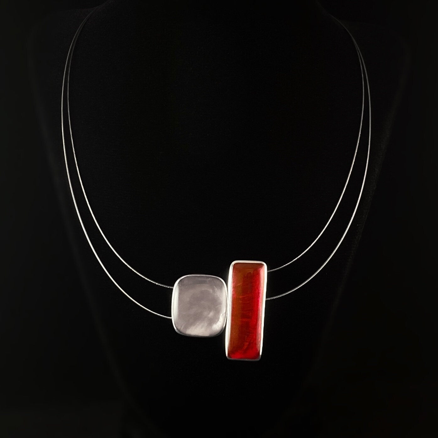 Handmade Resin and Shell Two Tone Red/Gray Magnetic Front Necklace, Hypoallergenic - Origin