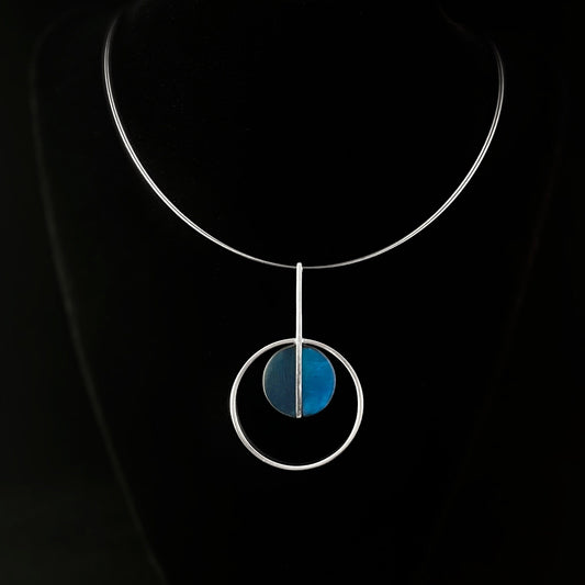 Handmade Resin and Shell Two Tone Sea Blue Circle Pendant Necklace, Hypoallergenic - Origin