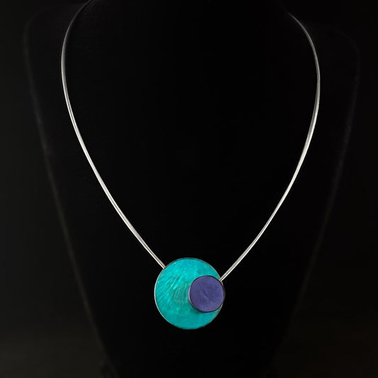 Handmade Resin and Shell Two Tone Turquoise/Blue Celestial Magnetic Front Necklace, Hypoallergenic - Origin