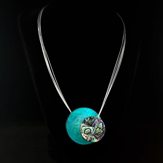 Handmade Resin and Shell Two Tone Turquoise/Paua Magnetic Front Necklace, Hypoallergenic - Origin