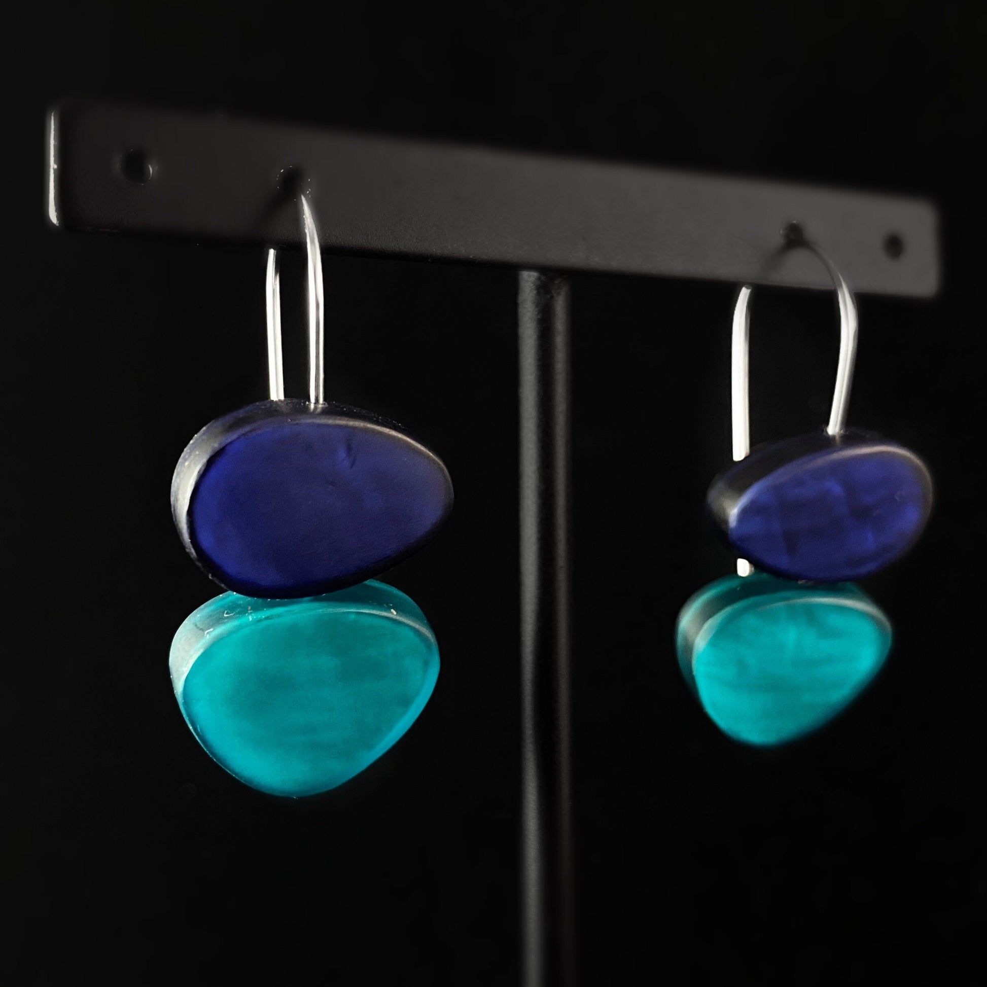Handmade Resin and Shell Two Tone Turquoise/Sapphire Blue Stacked Earrings, Hypoallergenic - Origin