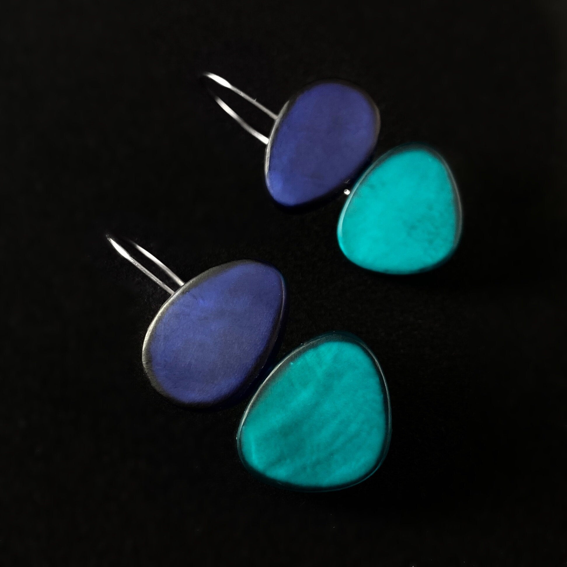 Handmade Resin and Shell Two Tone Turquoise/Sapphire Blue Stacked Earrings, Hypoallergenic - Origin