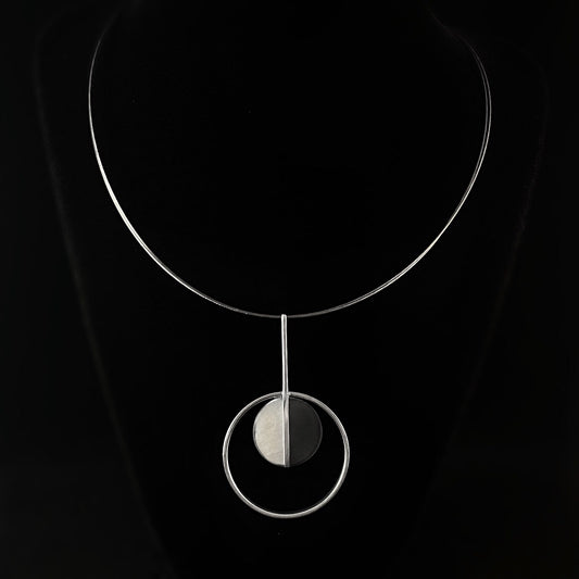 Handmade Resin and Shell Two Tone White/Charcoal Circle Pendant Necklace, Hypoallergenic - Origin