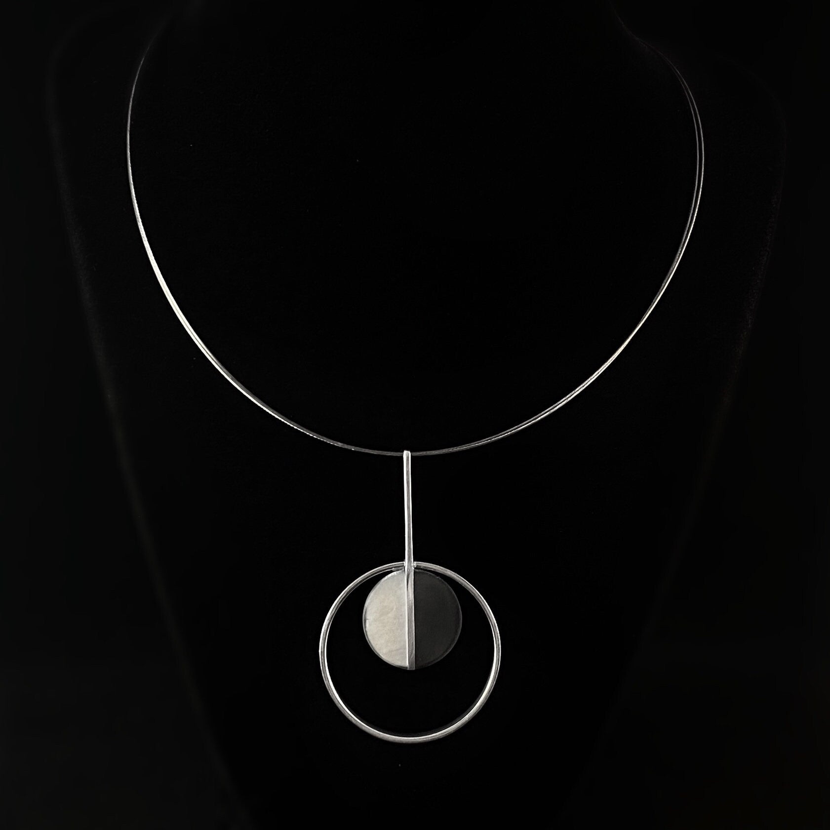 Handmade Resin and Shell Two Tone White/Charcoal Circle Pendant Necklace, Hypoallergenic - Origin