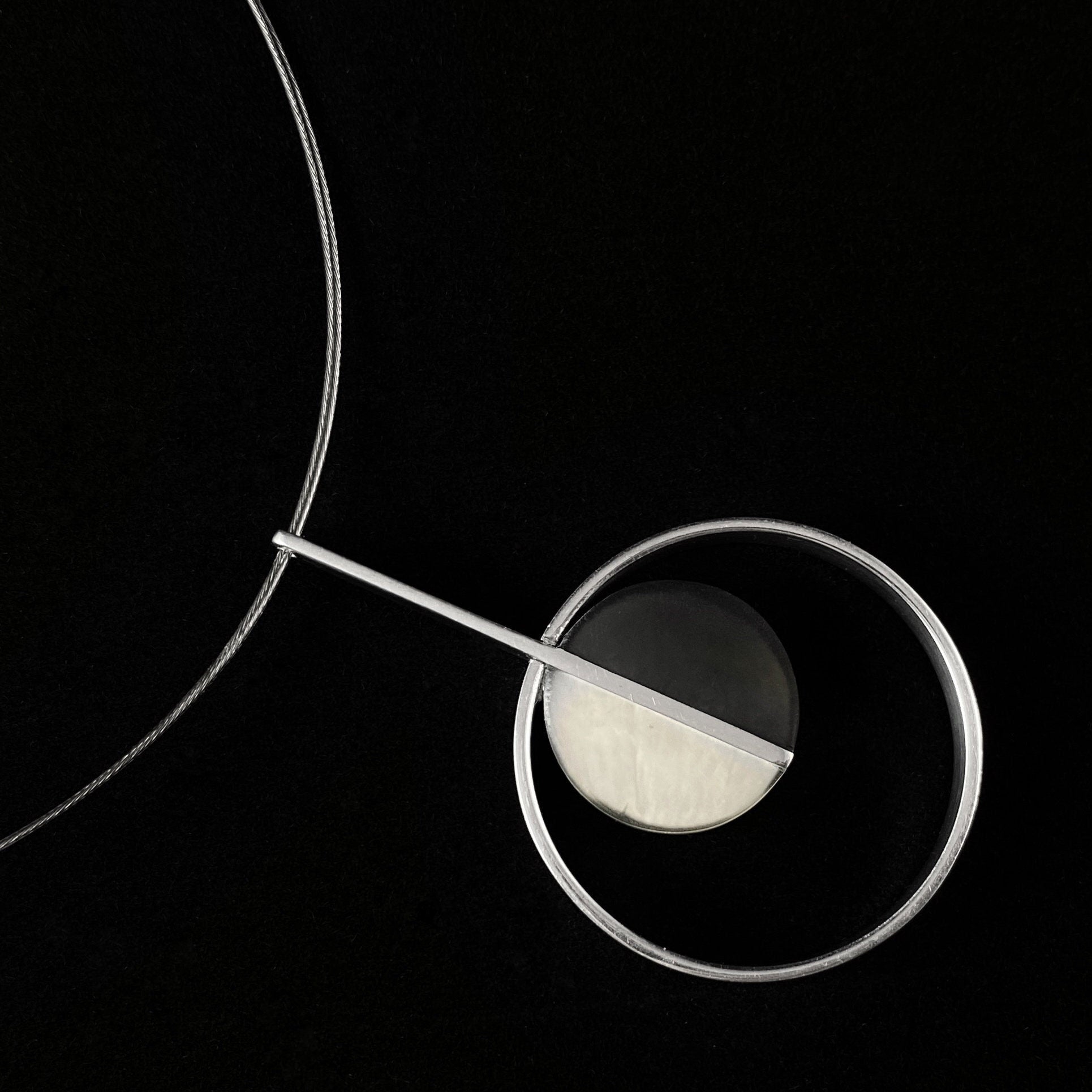 Handmade Resin and Shell Two Tone White/Charcoal Circle Pendant Necklace, Hypoallergenic - Origin
