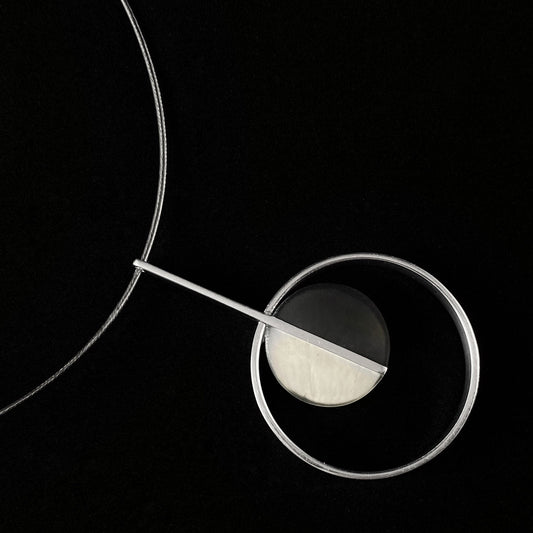Handmade Resin and Shell Two Tone White/Charcoal Circle Pendant Necklace, Hypoallergenic - Origin