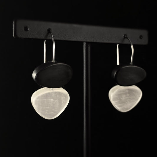 Handmade Resin and Shell Two Tone White/Charcoal Stacked Earrings, Hypoallergenic - Origin