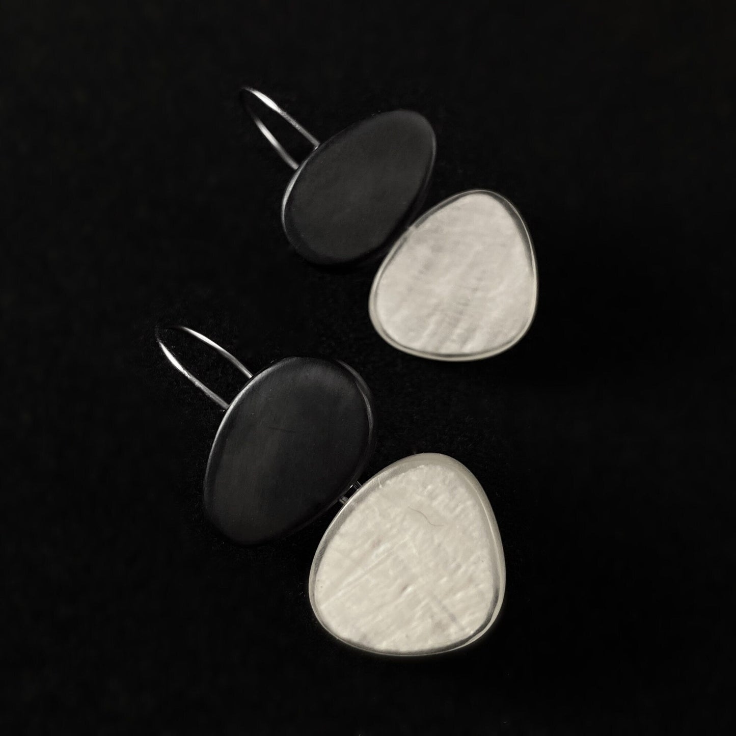 Handmade Resin and Shell Two Tone White/Charcoal Stacked Earrings, Hypoallergenic - Origin