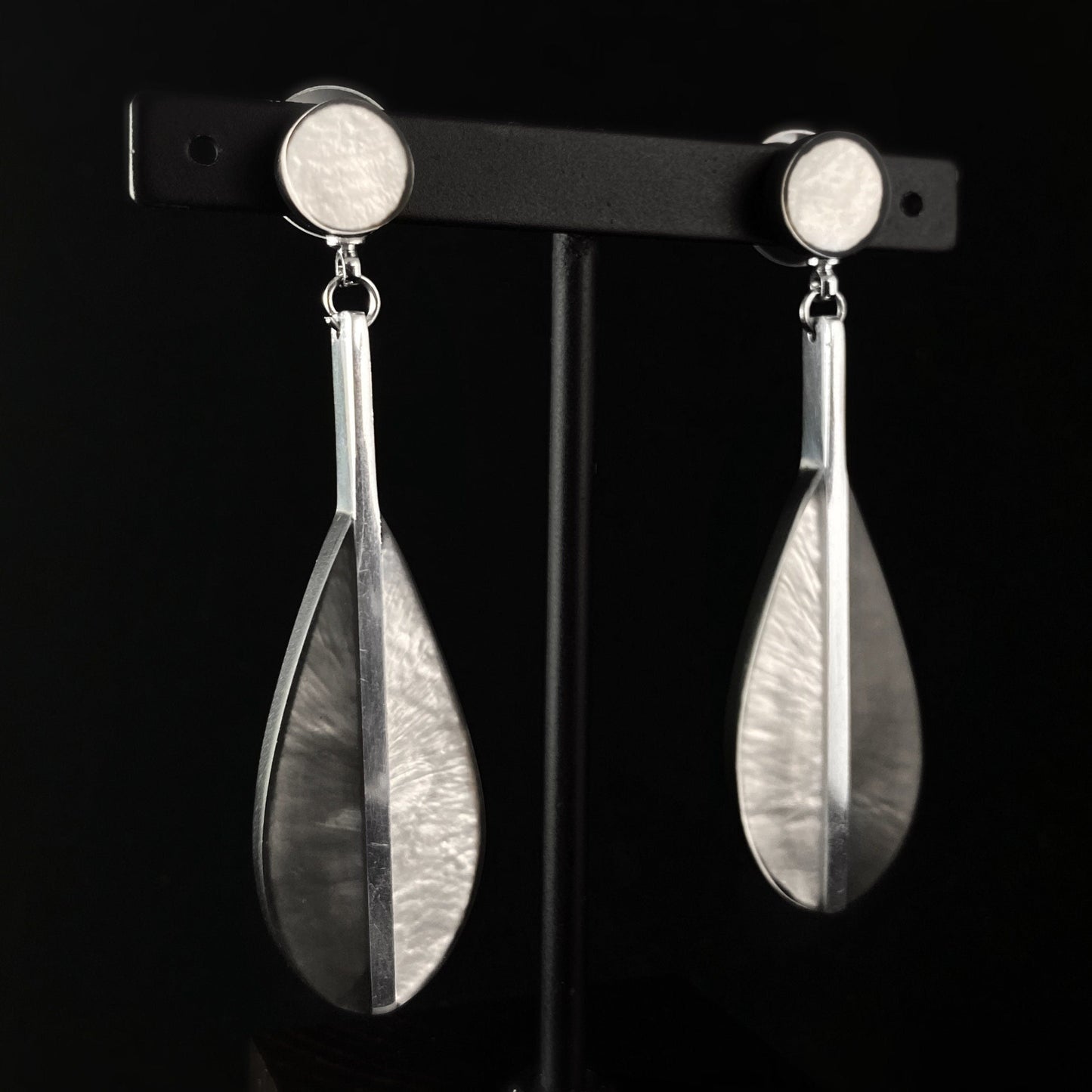 Handmade Resin and Shell Two Tone White/Charcoal Teardrop Earrings, Hypoallergenic - Origin